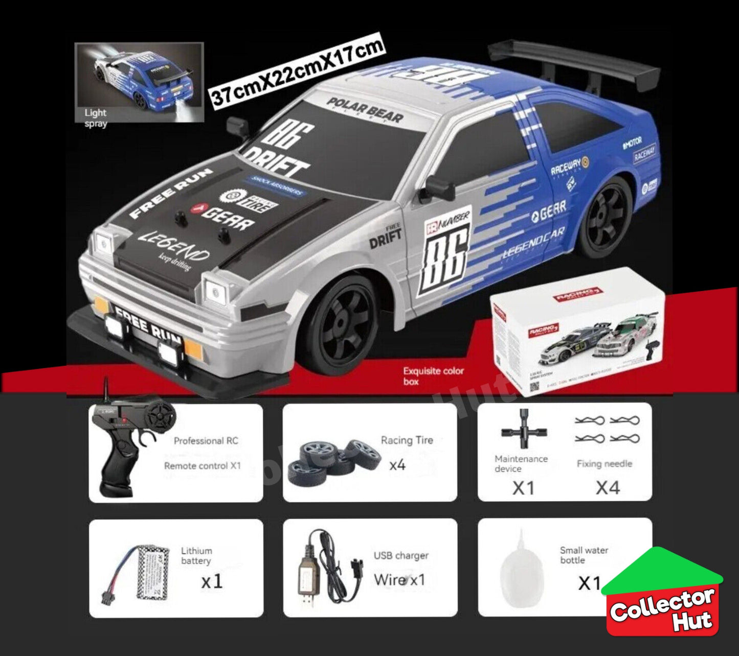Drift RC Car 1:16 Scale High Speed LED Lights Smoke Effect 4WD 2.4Ghz GIFT BOXED