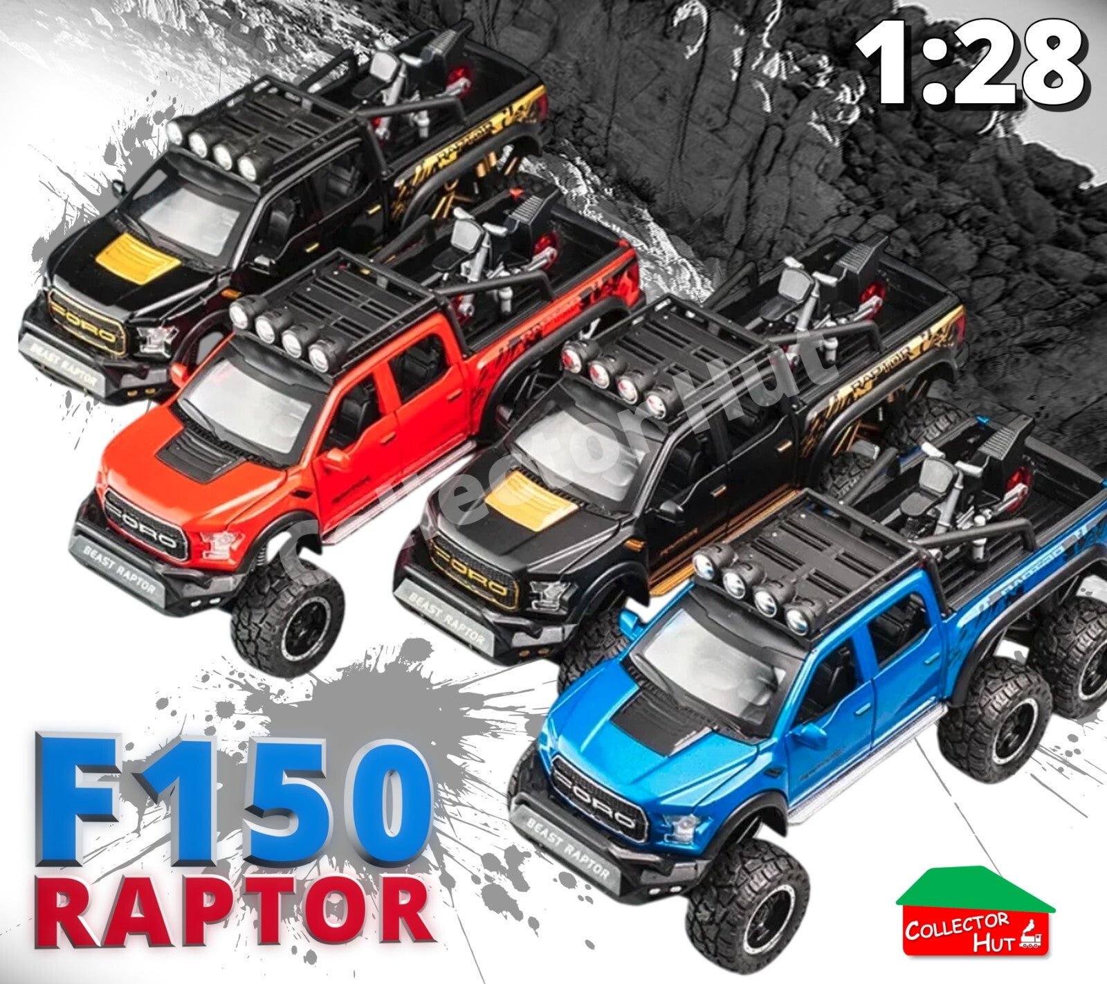 F150 Raptor Diecast Pickup Truck Pullback Model 1:28 Scale Replica