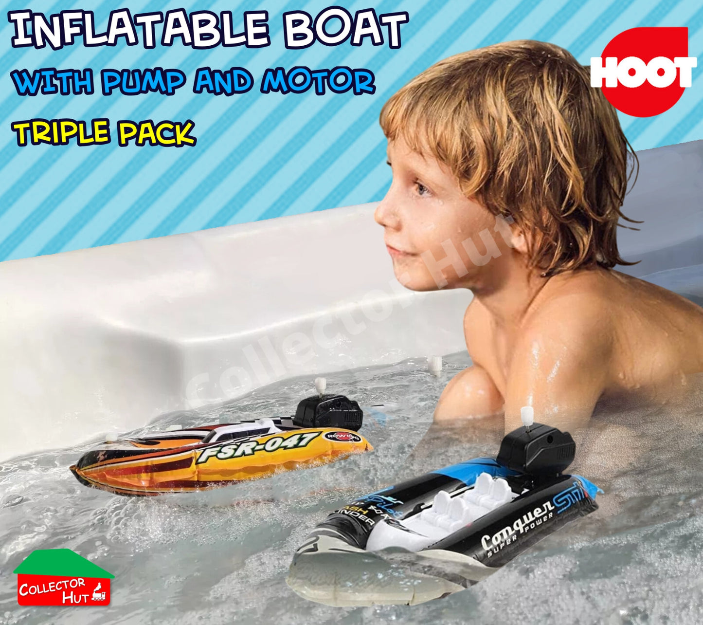 Inflatable Power Boat Bath Toy Wind up Motor Triple 3 Pack