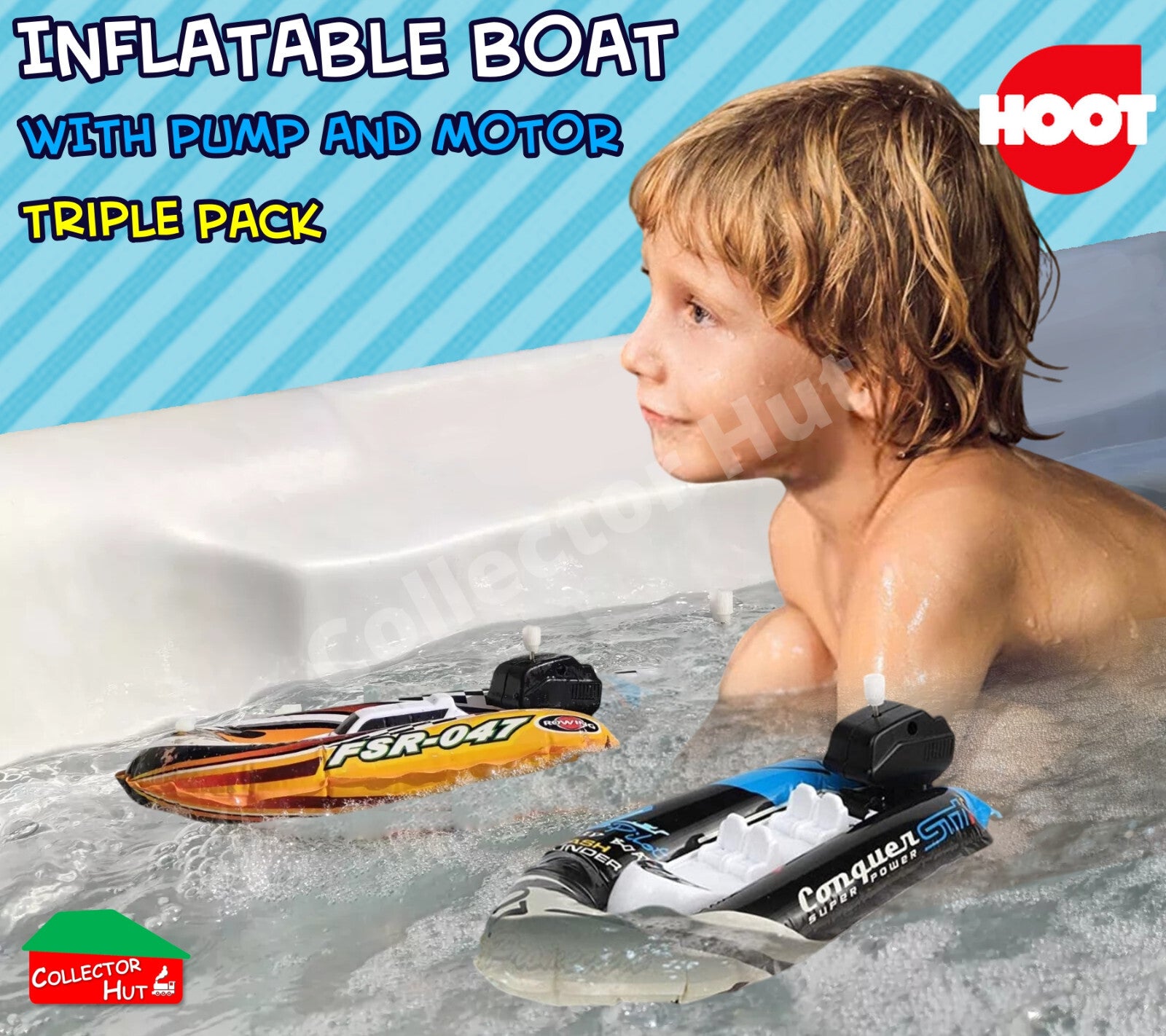Inflatable Power Boat Bath Toy Wind up Motor Triple 3 Pack