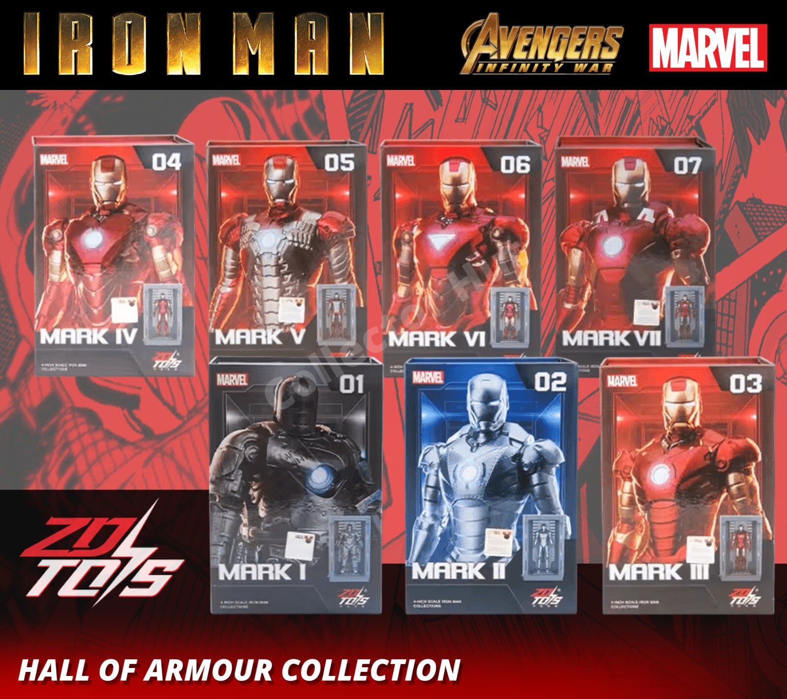 Iron Man Marvel Action Figures 1:20 Scale Hall of Armour Series MK 1-7 ZD Toys