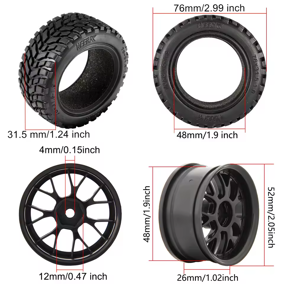 RC Model Wheels Tyres 12mm Hub 75mm x 32mm 46g 4pcs Set Car Truck