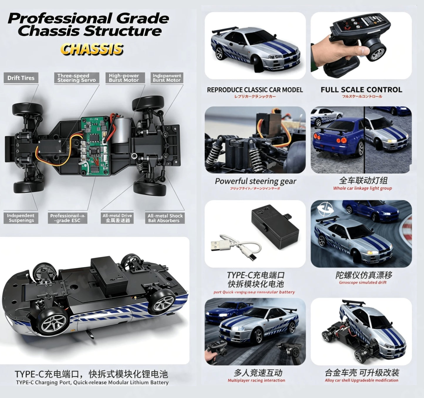 LDR/C LD1899 GTR Die-Cast RC Drift Car 1:18 Scale Gyro + Case