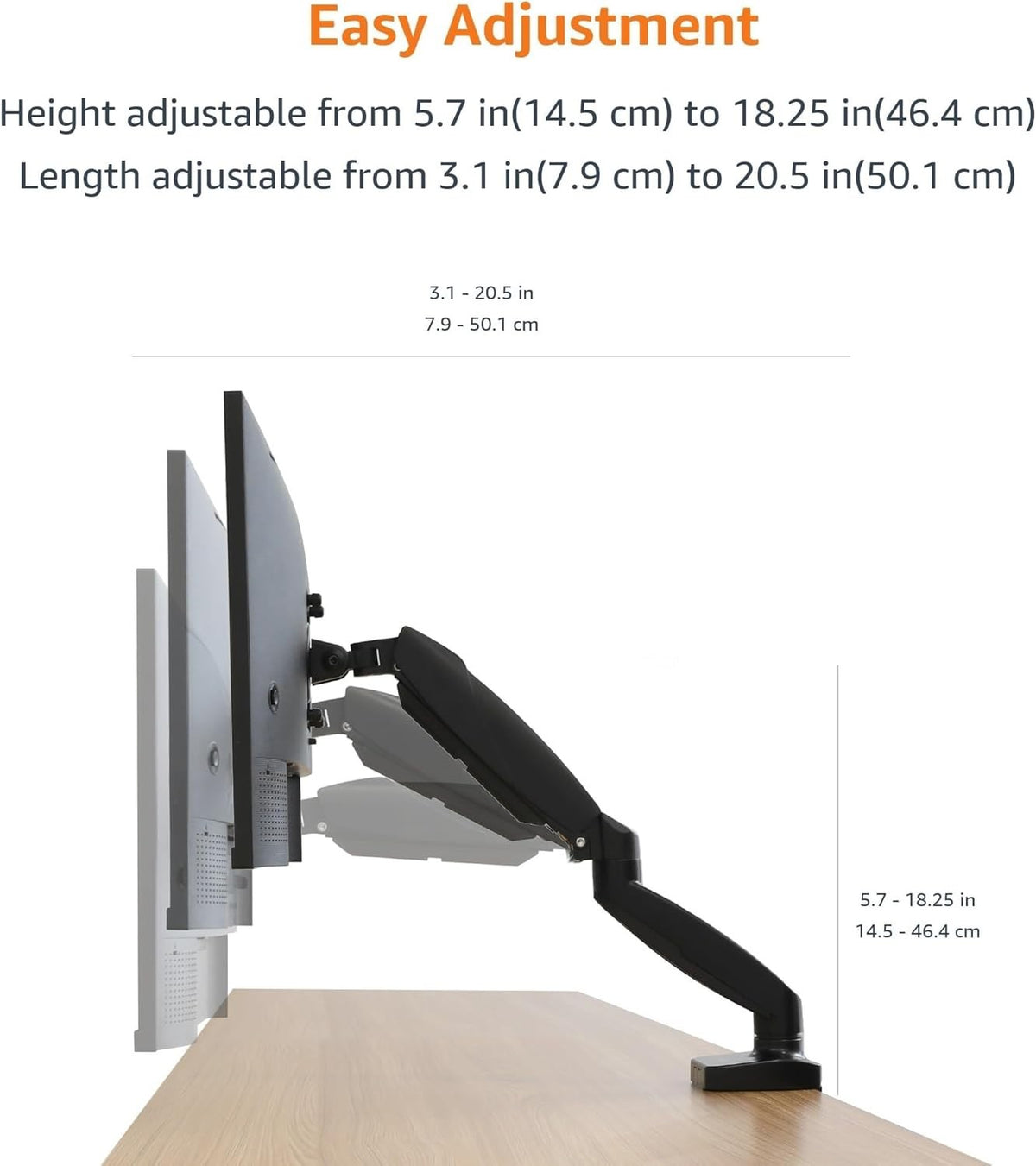 Gas Spring Single Monitor Arm Desk Mount Adjustable Tension Fits 38.1-68.6CM