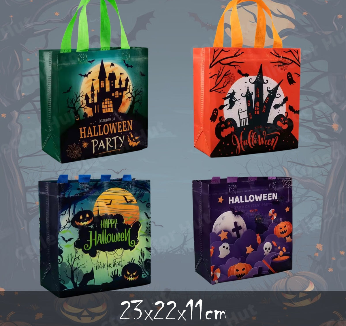 Halloween Novelty Tote Bags Trick or Treat Fabric 4 Pack with Handles