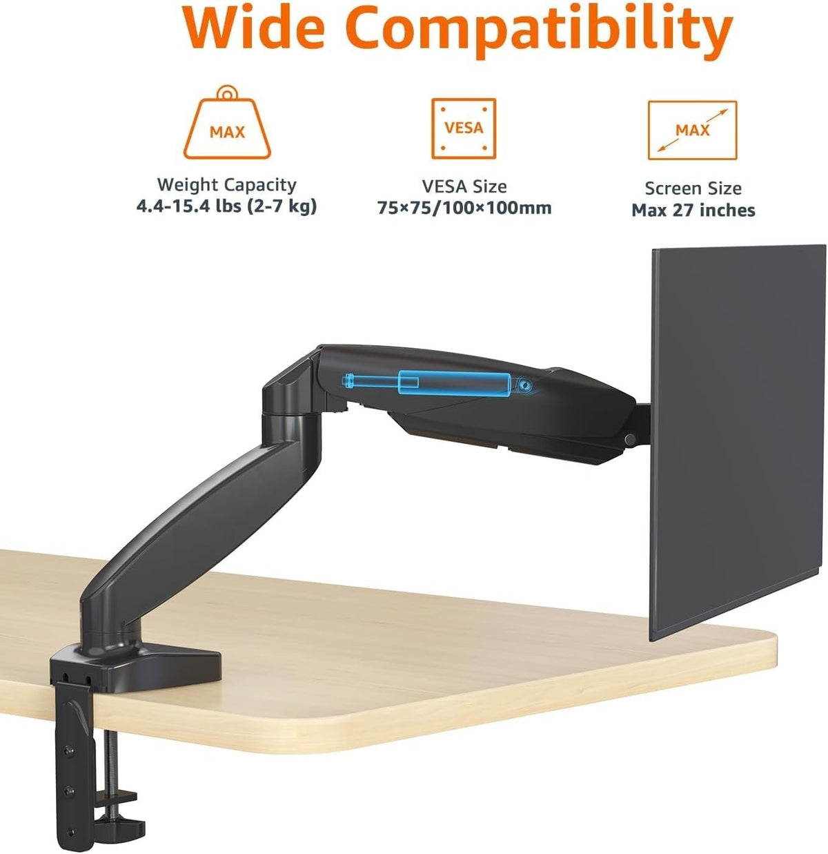 Gas Spring Single Monitor Arm Desk Mount Adjustable Tension Fits 38.1-68.6CM