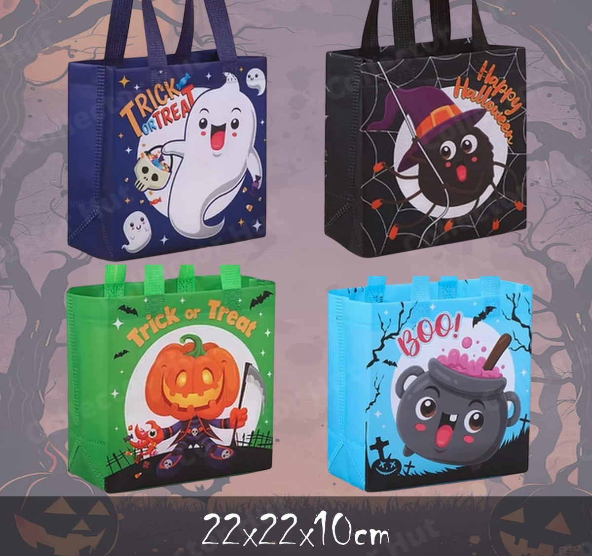 Halloween Novelty Tote Bags Trick or Treat Fabric 4 Pack with Handles