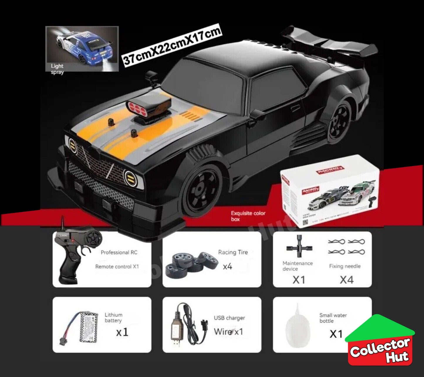 Drift RC Car 1:16 Scale High Speed LED Lights Smoke Effect 4WD 2.4Ghz GIFT BOXED