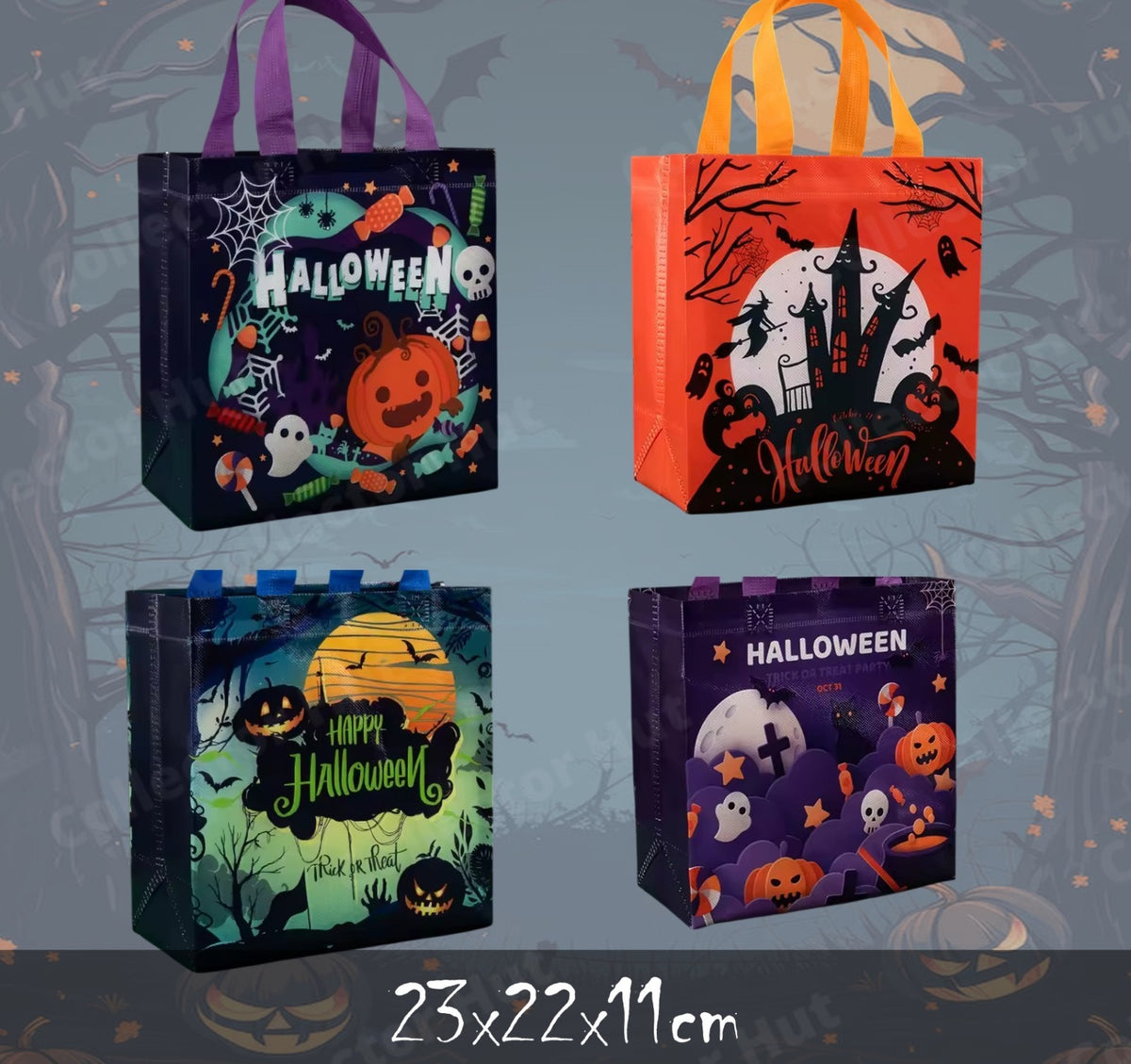Halloween Novelty Tote Bags Trick or Treat Fabric 4 Pack with Handles