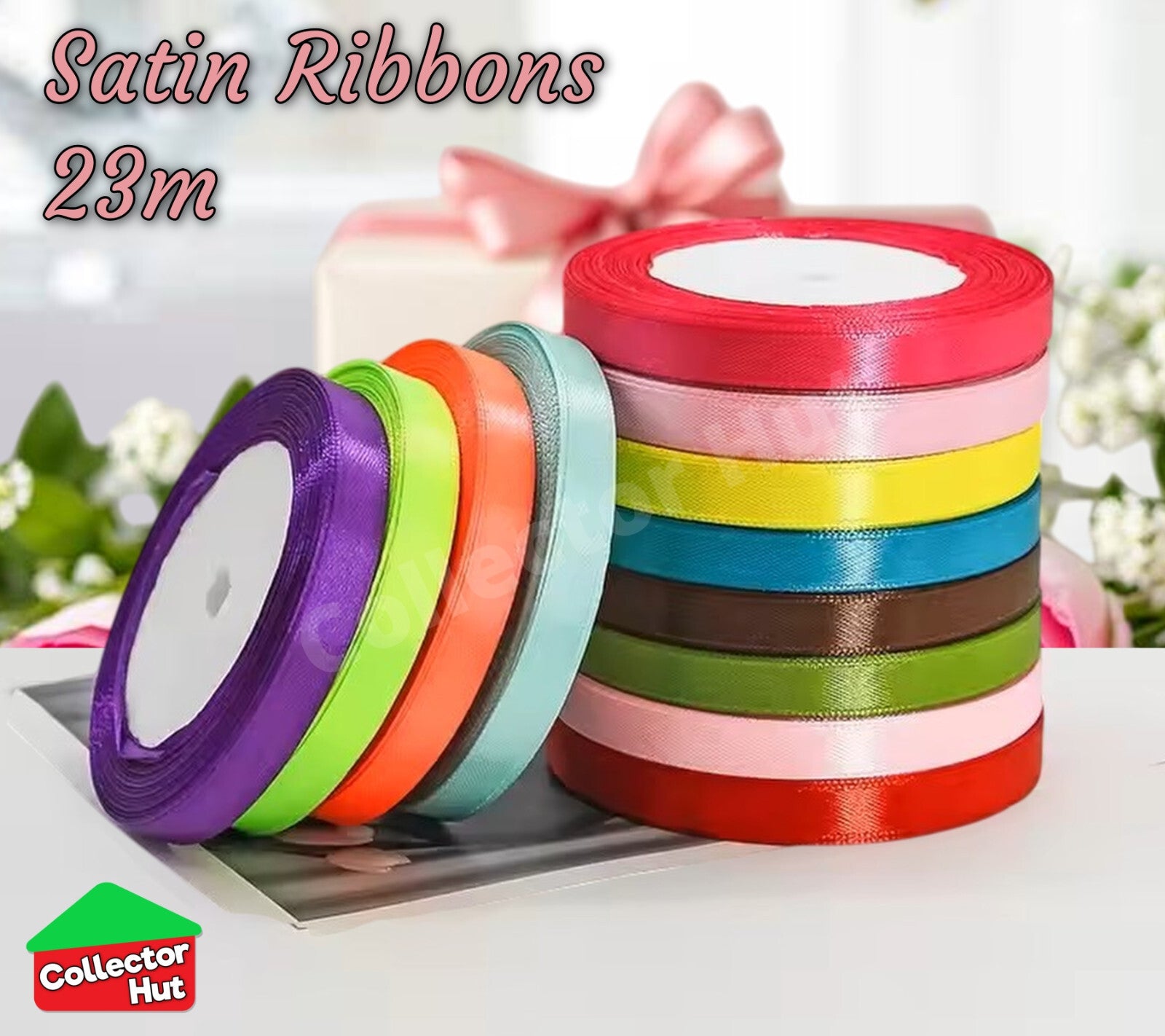 Satin Ribbon Roll Double Sided 23m Various Colours Sizes 10mm 15mm Widths
