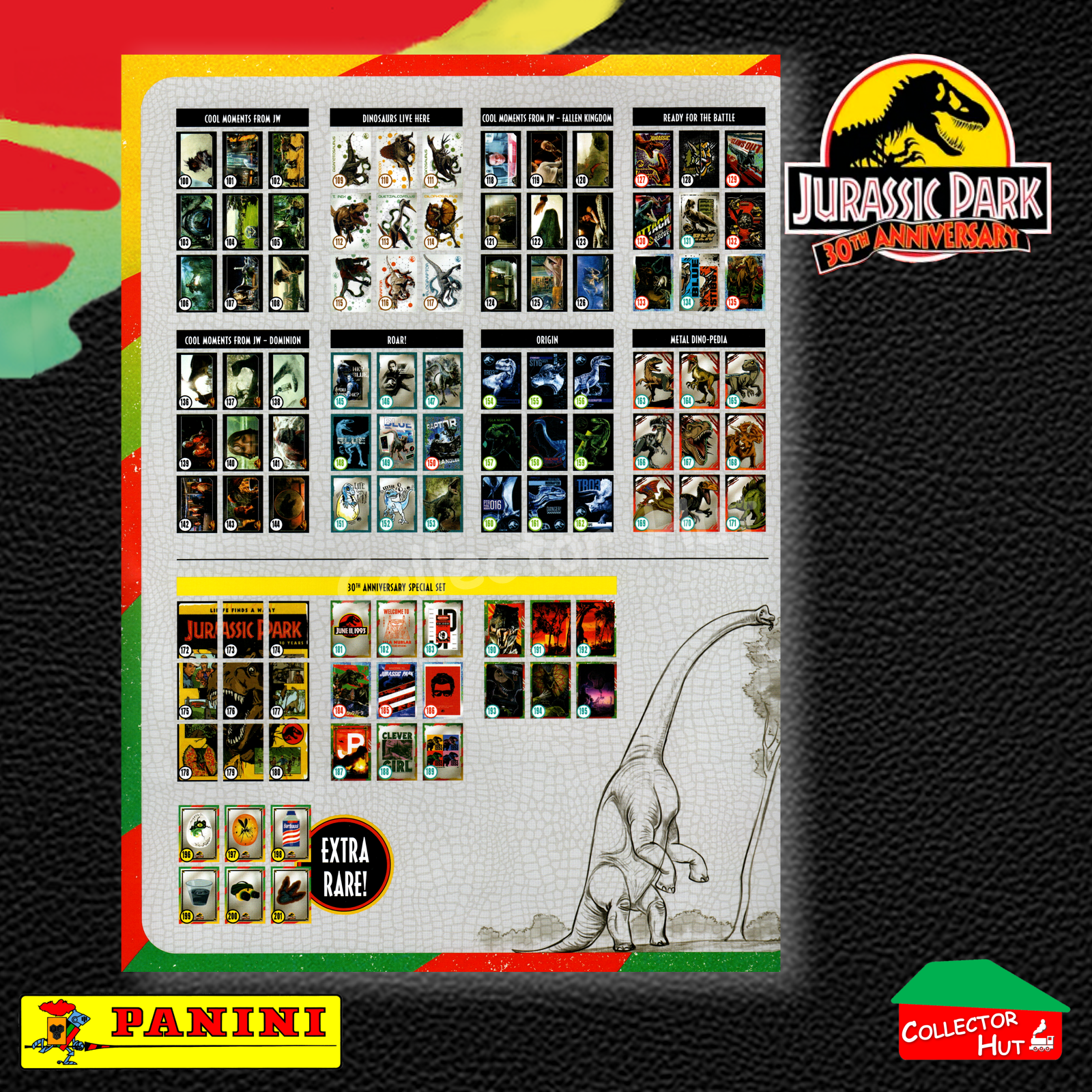 Jurassic World 30th Anniversary Trading Card COMPLETE BASE SET #1-195 in Binder