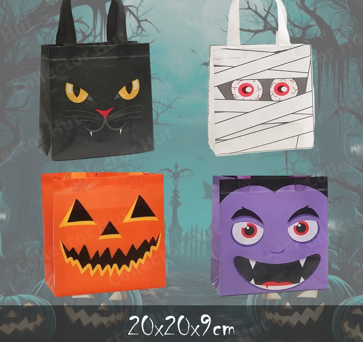 Halloween Novelty Tote Bags Trick or Treat Fabric 4 Pack with Handles