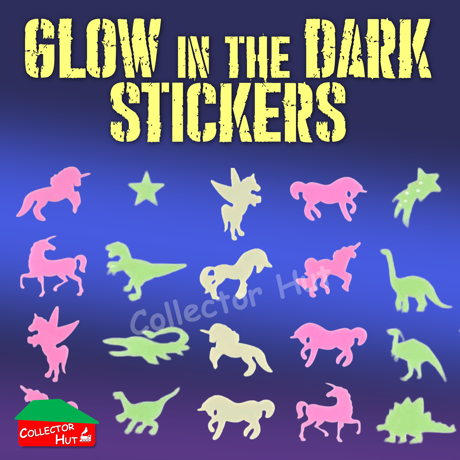 Glow in the Dark Plastic Stickers Dinosaurs Unicorns Stars Pink White Blue Green