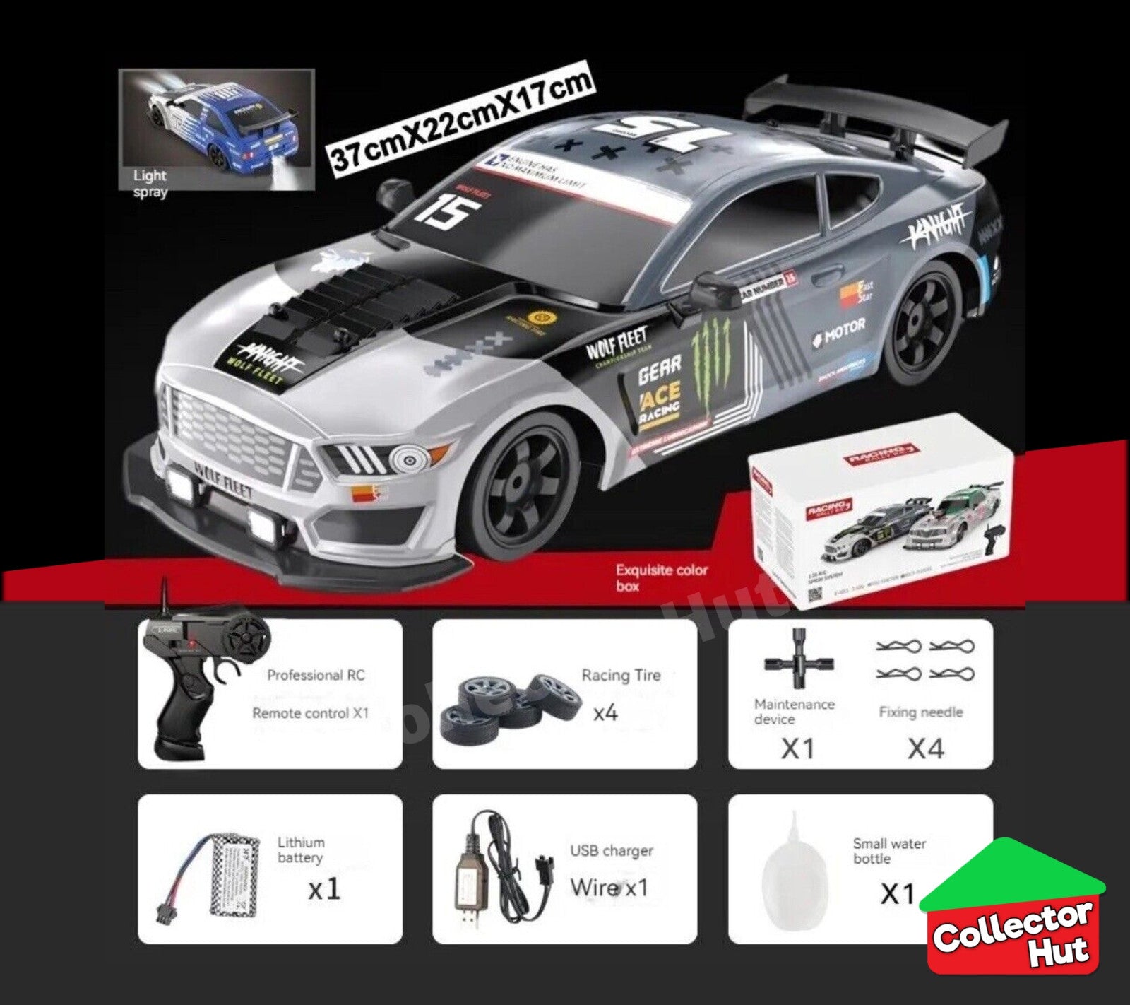 Drift RC Car 1:16 Scale High Speed LED Lights Smoke Effect 4WD 2.4Ghz GIFT BOXED