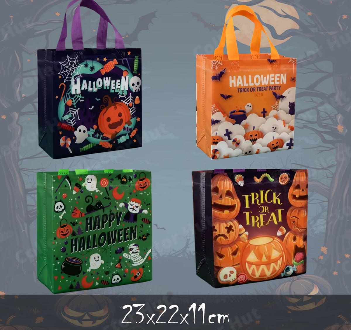 Halloween Novelty Tote Bags Trick or Treat Fabric 4 Pack with Handles