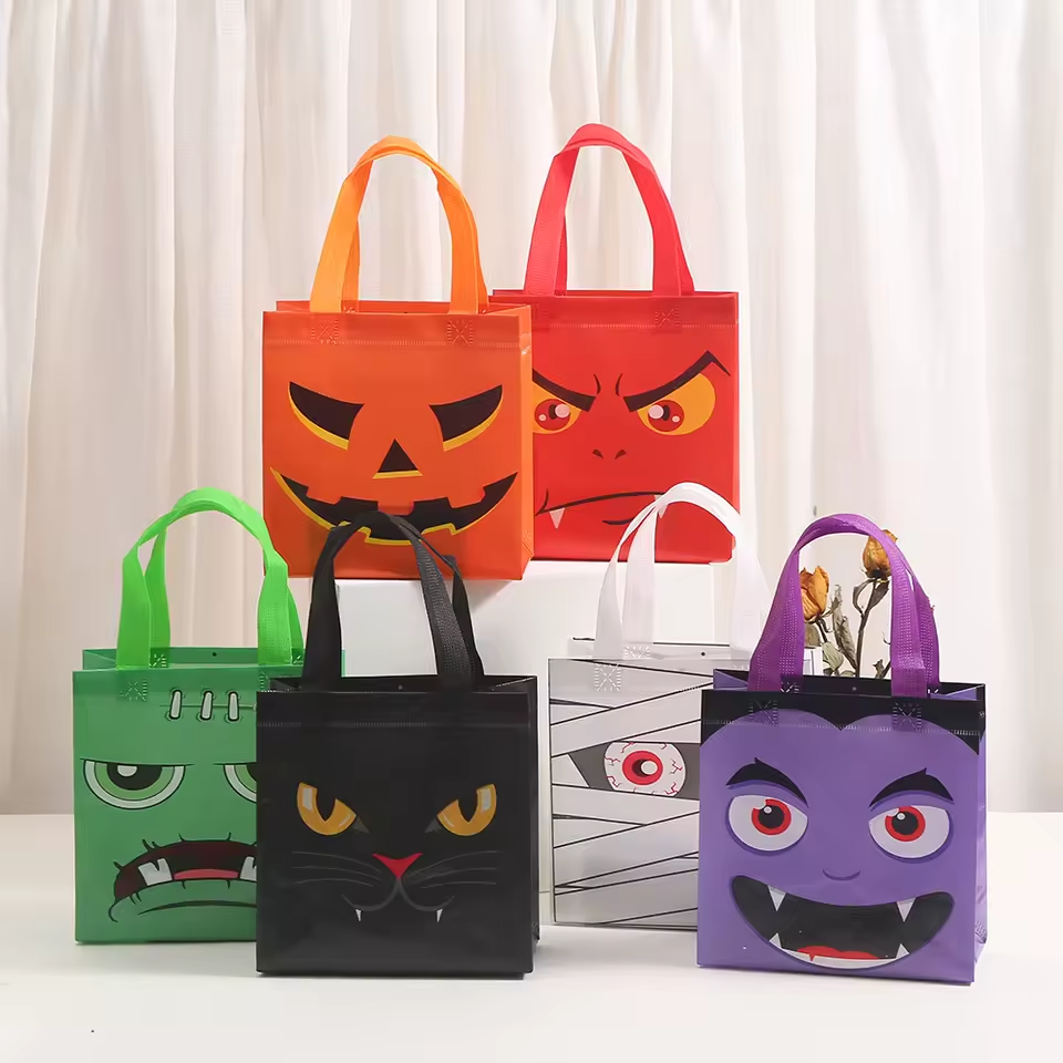 Halloween Novelty Tote Bags Trick or Treat Fabric 4 Pack with Handles