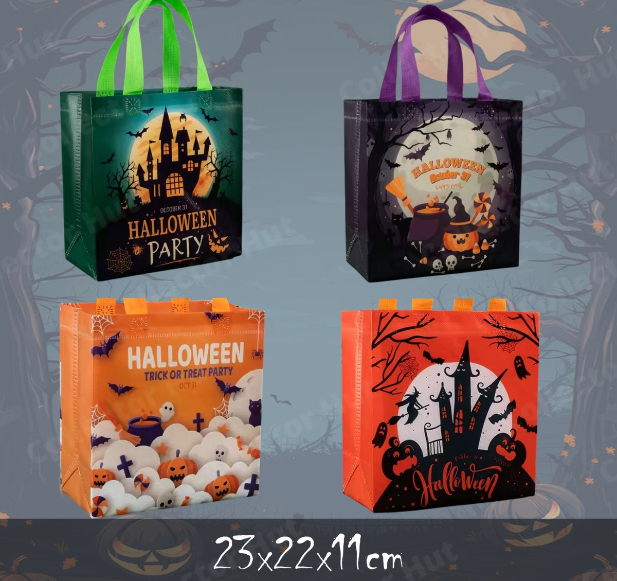 Halloween Novelty Tote Bags Trick or Treat Fabric 4 Pack with Handles