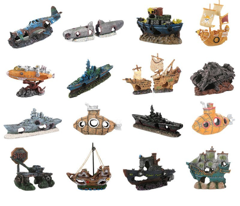 Mini Aquarium Medium Scenary Decorations Boats Planes Huts