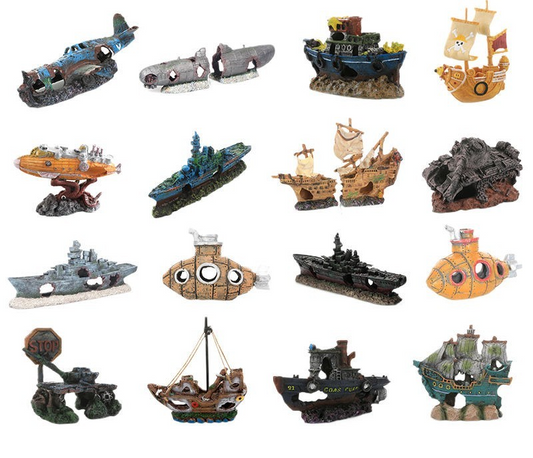 Mini Aquarium Medium Scenary Decorations Boats Planes Huts